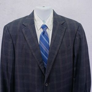 Hart Schaffner Marx Blue / Gray With Tan White Windowpane Wool Sport‎ Coat 42L